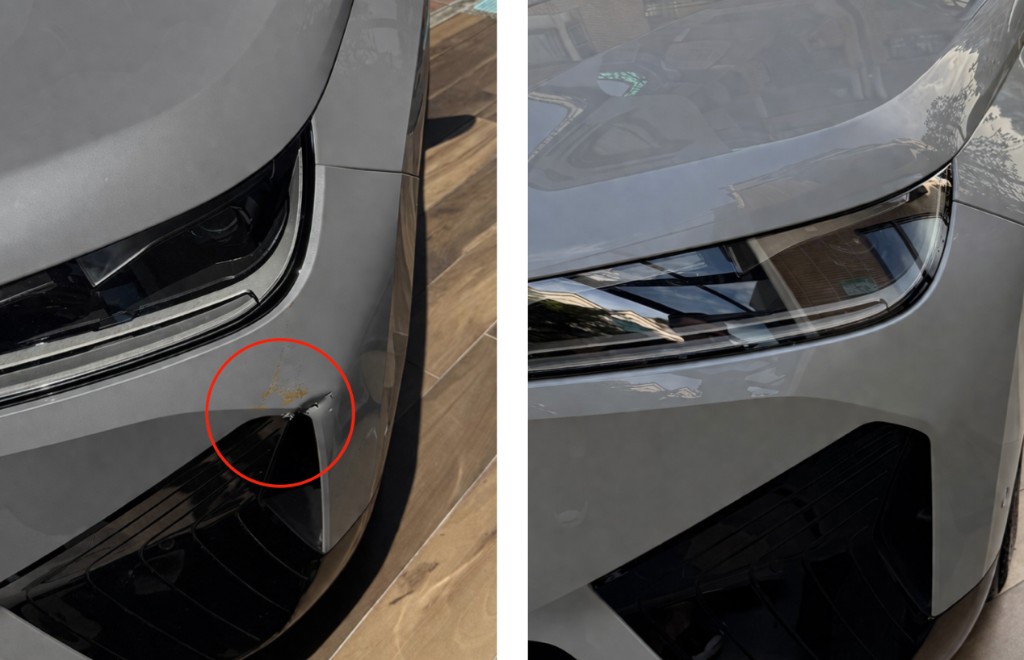 車頭保險桿修復前後對照：左側為受損部位標示，右側為修復完成、漆面與線條恢復一致