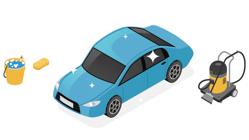 美容服務：清潔工具與車輛示意